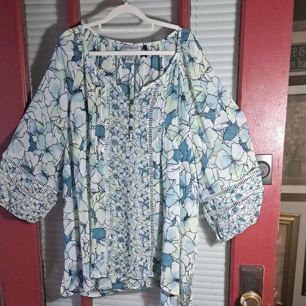 Catherines Floral Blue/Turquoisee/Lt Green & White Women's Blouse